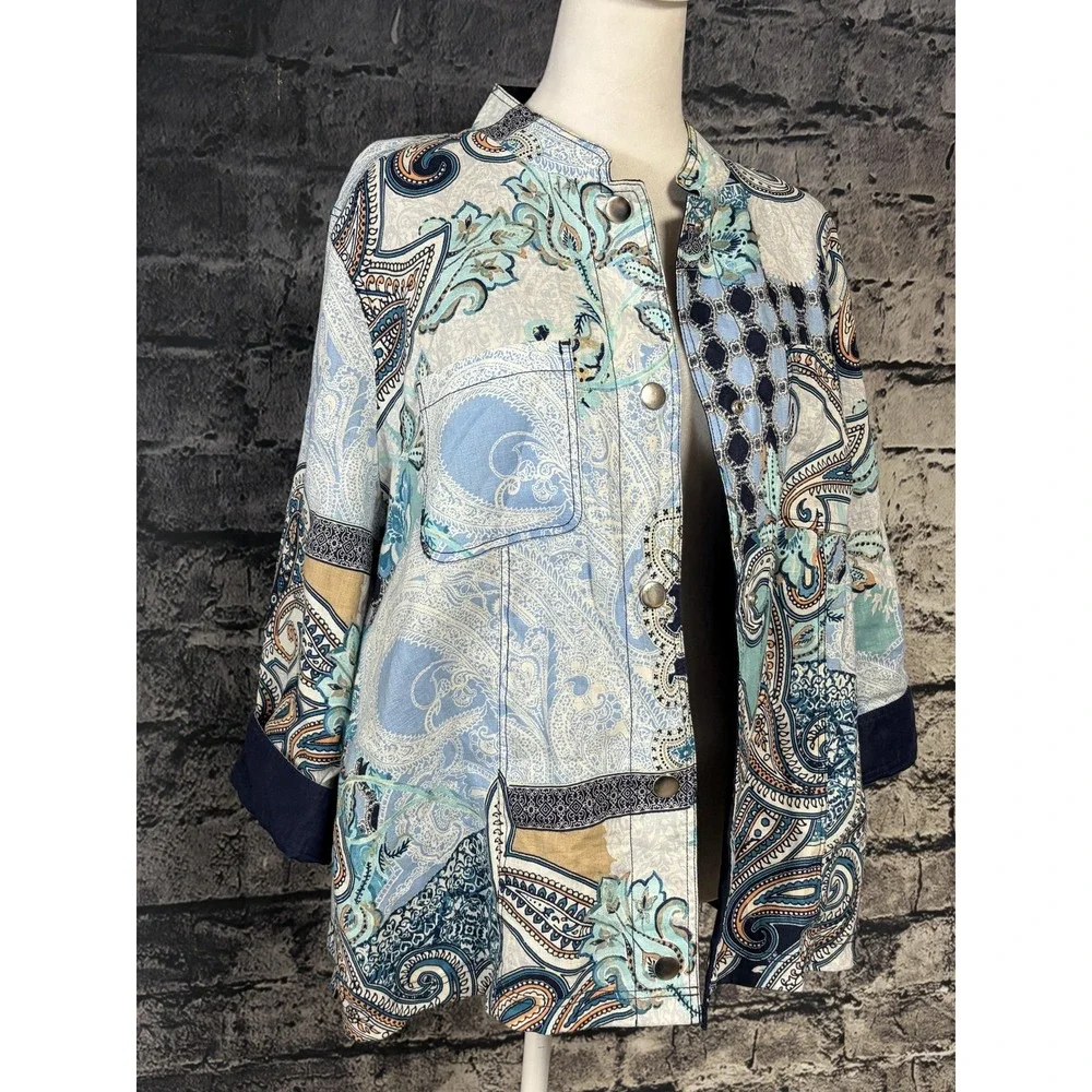 Chico's Jacket Womens 3 16/18 Reversible Linen Navy Paisley Patchwork Snap Front